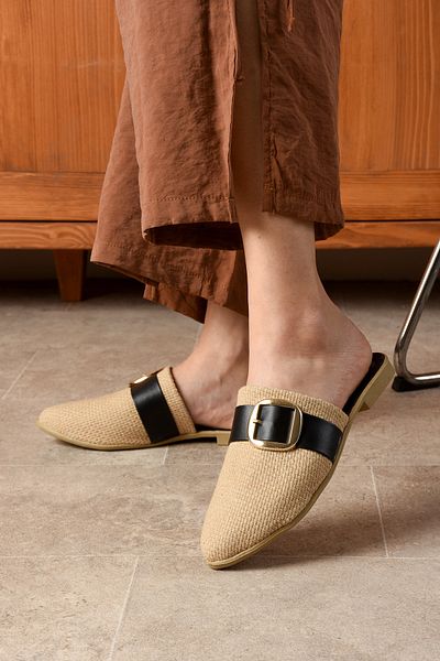 eformoda by emre yılmaz Beige Black Women's Slippers - Buckle, Closed Straw Comfortable Soft Bundle Sl02