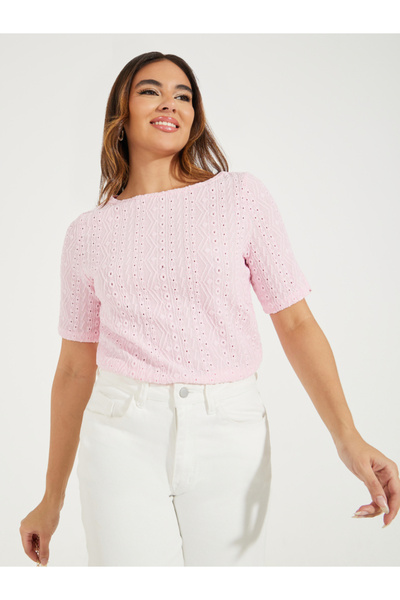 Styli بلوزة من قماش بوانتلي المحبوك مع رقبة على شكل قارب وأكمام قصيرة