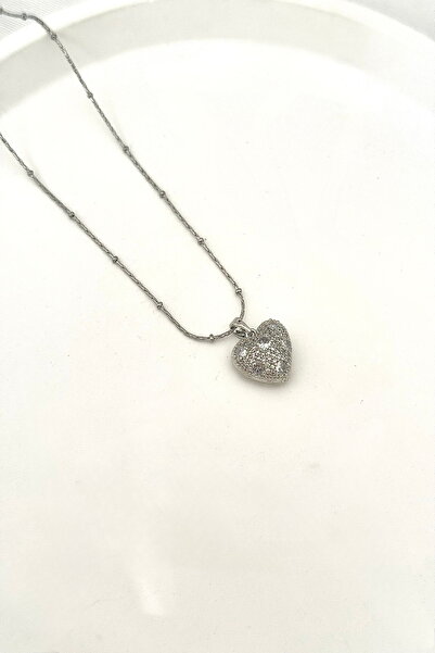 DEMOKAN Kadın Çelik Kolye Minik Topçuk Detay Zincirli Yuvarlak Krater Kalp Kolye