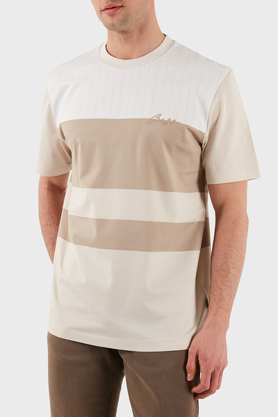 BOSS % 100 Pamuk Regular Fit Bisiklet Yaka Geniş Çizgili Logolu T Shirt Erkek...