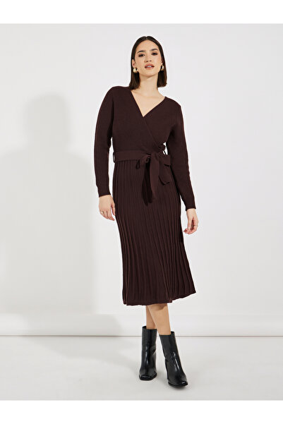 Styli Textured Knit Sweater Midi Dress with Tie Belt