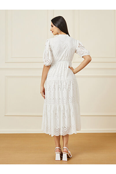 Styli Collared Self Design Tiered Midi Dress