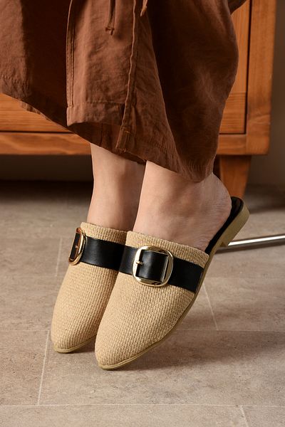eformoda by emre yılmaz Beige Black Women's Slippers - Buckle, Closed Straw Comfortable Soft Bundle Sl02