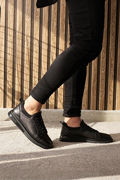 Nstil Günlük Erkek Siyah Ayakkabı Iç Dış Hakiki Deri Bağcıklı Kalın Yüksek Taban Bilek Destek Sneaker 300