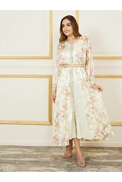 Styli All Over Floral Print Embroidered Lace Kaftan
