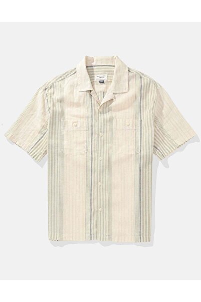 AMERICAN EAGLE AE Linen-Blend Striped Button-Up Poolside Shirt