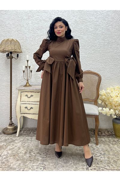 KÜÇÜĞÜM BUTİK Φόρεμα Hijab Καφέ Φιόγκος Μακρύ Ποπλίνα Φαρδύ