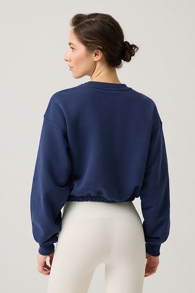 Los Ojos Navy Blue Wide Fit Waist Shirred Crop Sweatshirt Cropped Pullover