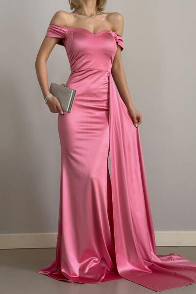 Mossta Pink Satin Evening Dress with Off Shoulder Sweep Train
