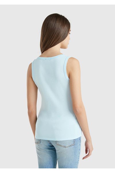 United Colors of Benetton Women's Light Blue 100% Cotton Tip Logo Embroidered Slim Fit Round Neck Tank Top