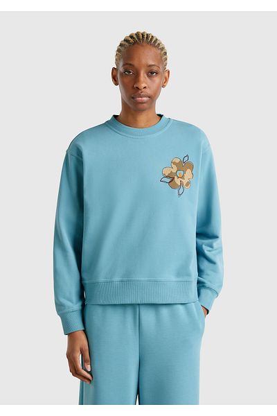 United Colors of Benetton Pulover de damă din amestec de bumbac albastru cu modele florale