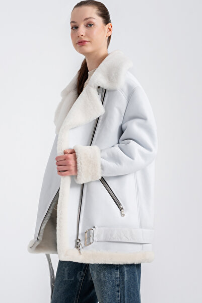 Lebeni Kadın Hakiki Deri Açık Buz Beyaz Kuzu Kürklü Biker Ceket - Oversize Gerçek Kürk Kışlık Mont