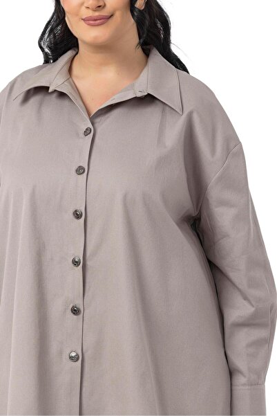 DISENTIS MODEST Large Size Gabardine Stone Color Shirt with Side Slits