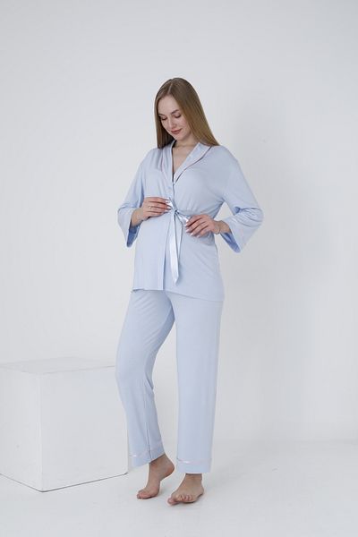 Miss Dünya Lissa Pregnant and Maternity Pajamas Set with Front Tie and Large Stripe Collar