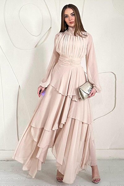 Elbee Fashion Woman Μπεζ ψηλός λαιμός Φόρεμα με λεπτομέρεια στη μέση