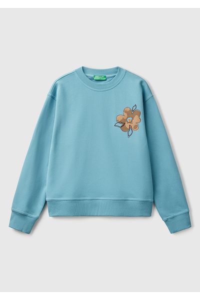 United Colors of Benetton Pulover de damă din amestec de bumbac albastru cu modele florale