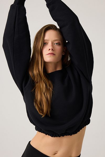 Los Ojos Black Crop Sweatshirt, Wide Fit Waist Drawstring Pullover