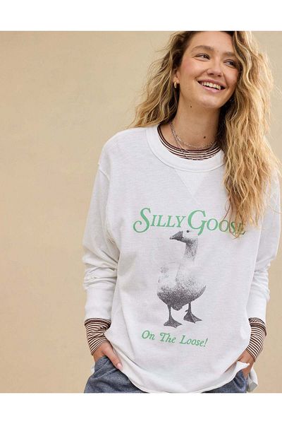 AMERICAN EAGLE Aerie Cozy Long Sleeve Oversized Graphic Boyfriend T-Shirt