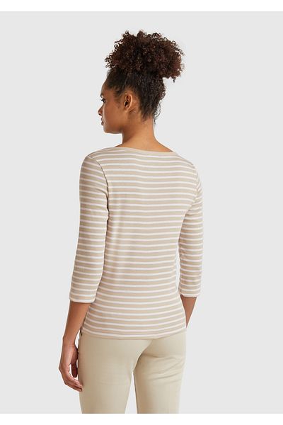 United Colors of Benetton تي شيرت نسائي بيج 100% قطن مخطط بياقة قارب وأكمام ثلاثة أرباع