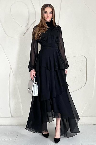 Elbee Fashion Woman Stand Collar Waist Detailed Dress