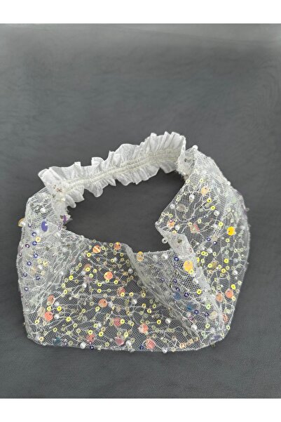 Creative Box Beyaz tütü parlak payet ve inci işlemeli, lastikli saç bandı, şı...