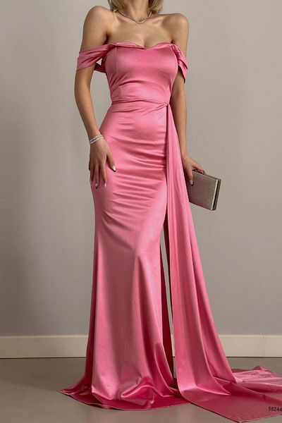 Mossta Pink Satin Evening Dress with Off Shoulder Sweep Train