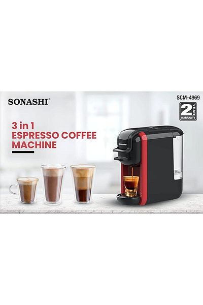 sonashi 3-in-1 Espresso Coffee Machine – 1450W, 600ML Water Tank, 3 Adaptors, Auto Shut-Off | Red