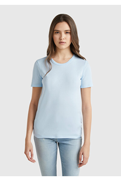 United Colors of Benetton Women's Light Blue 100% Cotton Basic Short Sleeve Crew Neck T-Shirt