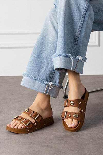 diclepolat Γυναικείες παντόφλες Tan Color - Flat Sole, Buckle, Double Strap, Troked Olive