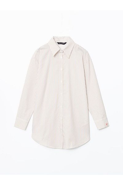 LC Waikiki Lcw Modest Beige Striped Poplin Women's Shirt Tunic
