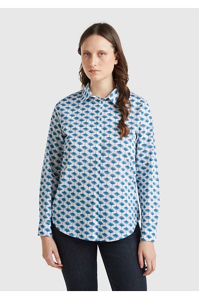 United Colors of Benetton Women's Blue 100% Cotton Patterned Cuffed Regular Fit Muslin Shirt
