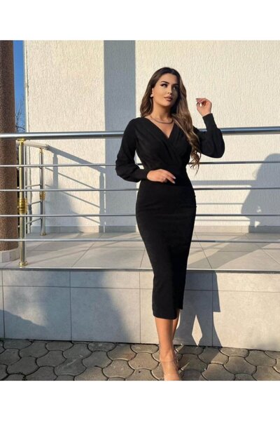 Genel Markalar HAZEGO Kadın Uzun Kollu Kruvaze Yaka Büzgü Ve Balon Kol Detay Simli Krep Kumaş Maxi Boy Elbise