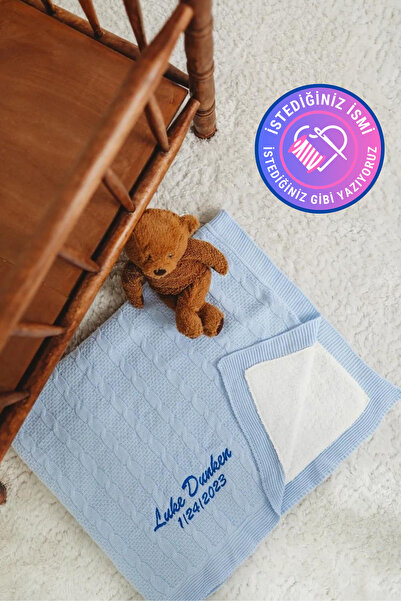 tinykiddesign Welsoft Bebek Battaniyesi Mavi Içi Peluş Istediğiniz Ismi Nakış...