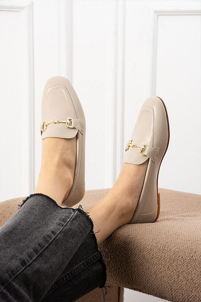 diclepolat Beige Chain Soft Leather Women's Loafer - Casual Shoes Renos