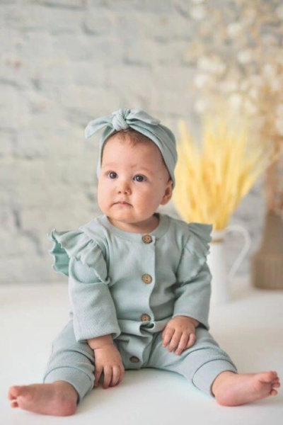 Kids' Little Store Kız Bebek Mint Organik Pamuk Omuzdan Fırfırlı Tulum ve Ban...