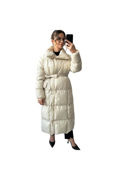 Robin Women's Stone Color Long Puffer Jacket Coat with Belt and Pocket Detail