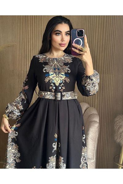 WellWay Rochie neagră cu imprimeu floral Atlas, cu detaliu de nasturi (curea inclusă)