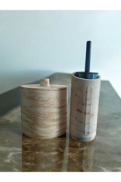 Trust Stone Marble Patterned Beige Concrete Trash Can and Wc Brush Holder Set, Accessory, Decoration