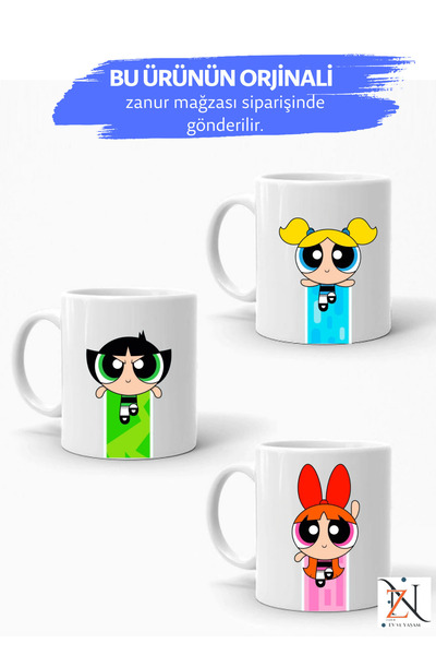 zanur UÇMA figürlü Powerpuff Girls Baskılı 3'lü Porselen Kupa Seti mug cup Zanur