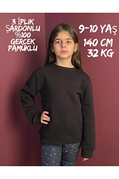 3 Iplik Şardonlu Premium Kumaş Düz Çocuk Sweatshirt Siyah