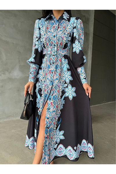 WellWay Rochie cu imprimeu floral cu guler de cămașă din țesătură Atlas (curea inclusă)-negru Nhn25