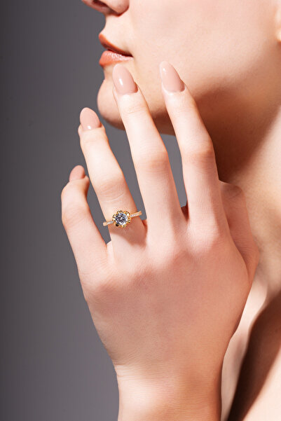 Mirari Altı Tırnak Yuvarlak Baget Tek Taş Mikron Altın Kaplama Zirkon Taşlı 9...