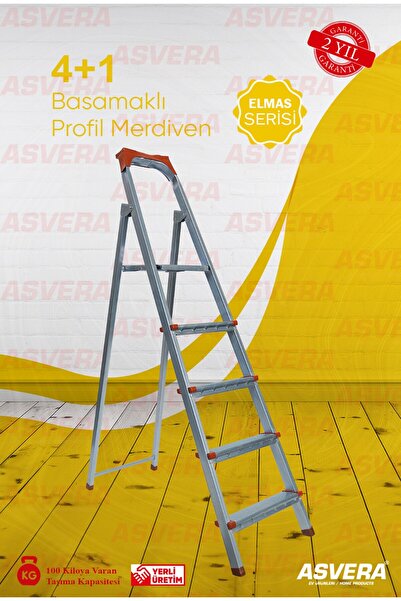 ASVERA Elmas Serisi – 4+1 Basamaklı Galvanizli Profil Merdiven | Katlanabilir Ev ve Bahçe Merdiveni