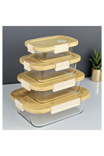 GUNES ZUCCACIYE Vacuum Glass Storage Container Set with Bamboo Lid – Set of 4 (640 ml / 1040 ml / 1520 ml / 2800 ml)