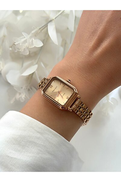 Ferrucci FERRUCCİ-(ROSE COLOR) ساعة يد نسائية بحزام يوبيل مستطيل الشكل