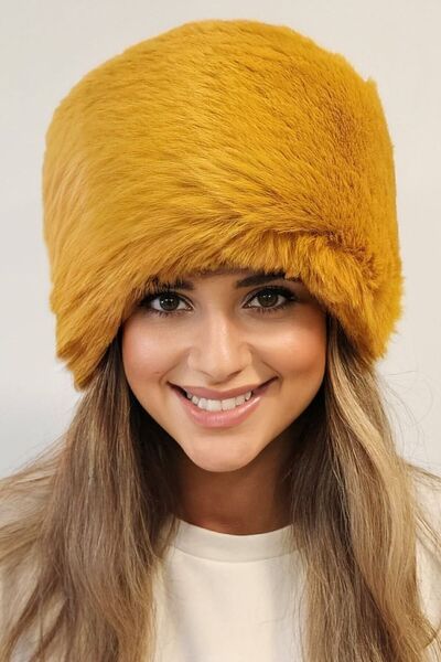 Mağazam Online Hardal Peluş KALPAK ŞAPKA | Suni Kürklü Kışlık Kadın Şapkası Yeni Yıl, Yılbaşı Hediyesi