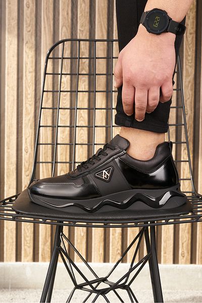 Nstil Adidași negri pentru bărbați - piele naturală, cu șireturi, talpă groasă, suport pentru glezne 721