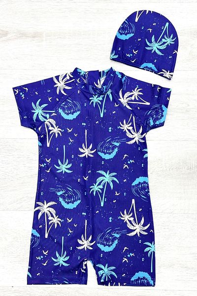 My Kids Wear Costum de baie cu bonetă, fermoar de plajă, salopetă de protecție solară pentru băieți