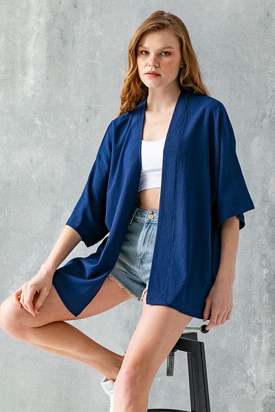 GİYSA Women's Half Sleeve Relaxed Fit Wrap-Around Short Kimono Navy Blue - 7099