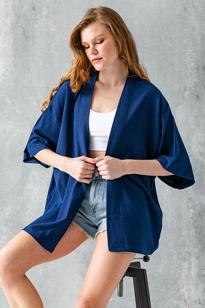 GİYSA Women's Half Sleeve Relaxed Fit Wrap-Around Short Kimono Navy Blue - 7099